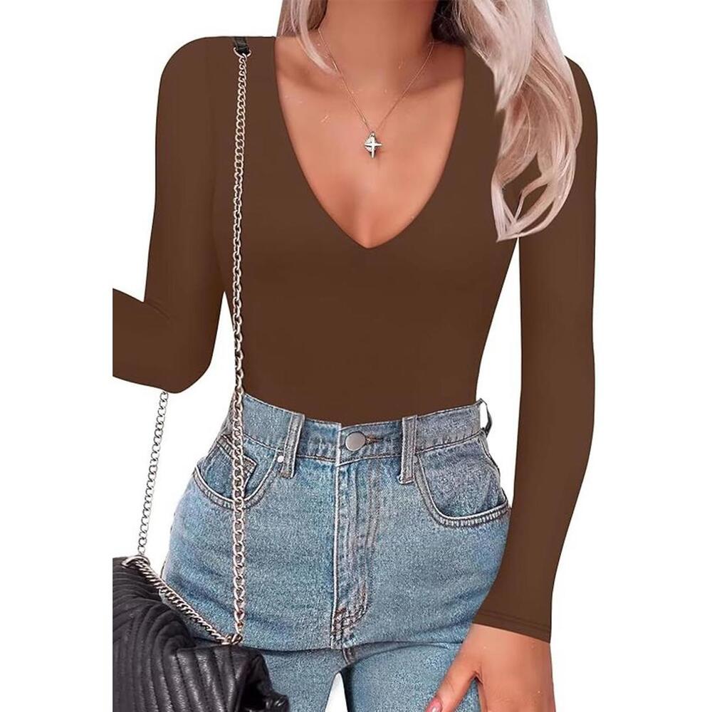 SAUNGKUAI Women's Plunge Deep V Neck Long Sleeve Bodysuit - Brown - Medium *NEW*